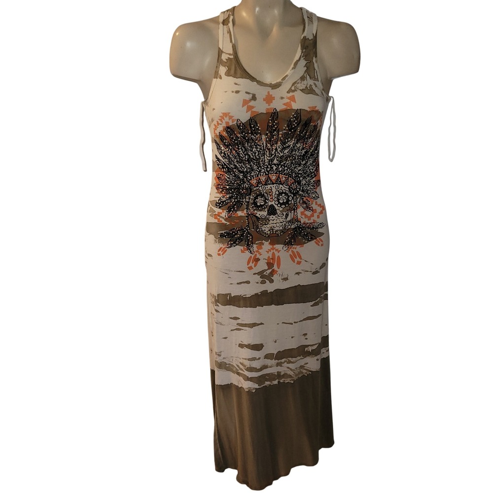 Vocal Skull Feather‎ Graphic Maxi Dress Boho Tribal Tank S embellished bohemian